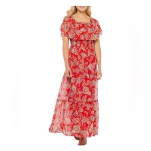 Rabbit Rabbit Red Paisley Floral Off-Shoulder Boho Chic Tiered Maxi Dress Sz 22W